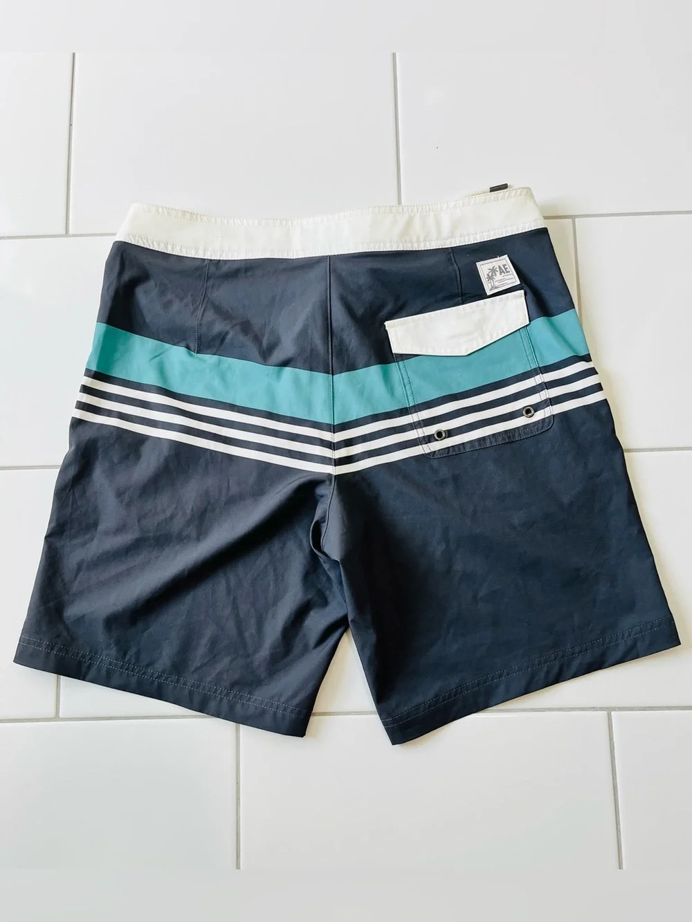 American Eagle Outfitters Navy Swim Shorts with Teal Stripe and White Waist